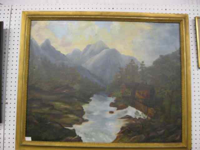 Appraisal: Oil Painting House along a Raging River on canvas image