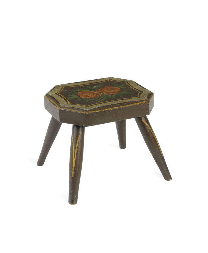 Appraisal: ELIZABETH PENNSYLVANIA PAINTED AND FLORAL DECORATED SPLAY LEG CUT-CORNER FOOTSTOOL