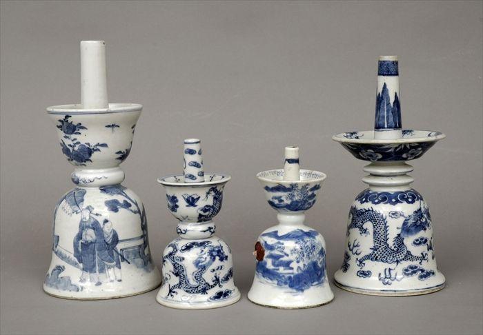 Appraisal: Four Chinese Blue and White Porcelain Candlesticks to in