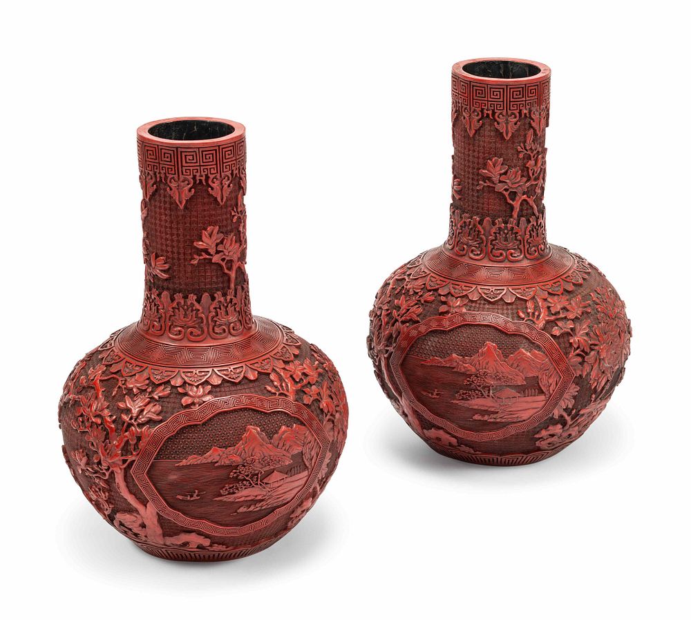 Appraisal: A Pair of Chinese Export Carved Red Lacquer Vases A