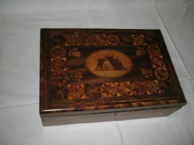 Appraisal: A VICTORIAN WALNUT WORK BOX of oblong form the hinged