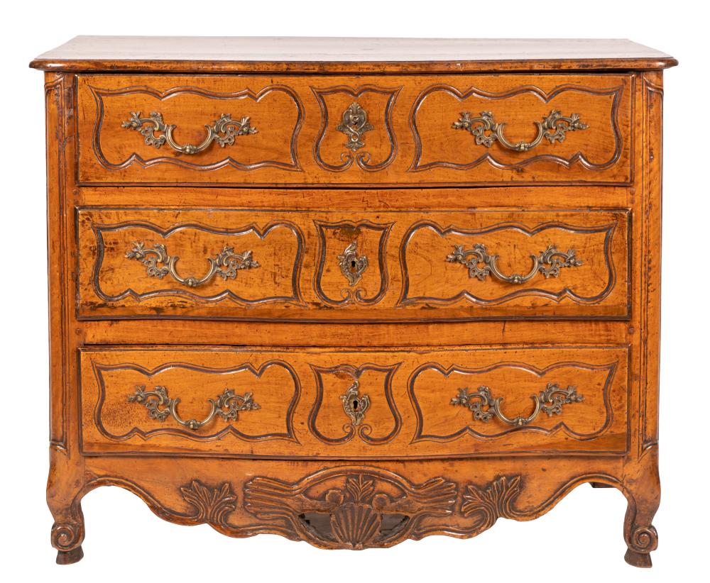 Appraisal: LOUIS XV PROVINCIAL COMMODE th century with three paneled drawers