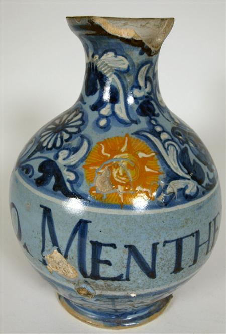 Appraisal: A late th century Venice 'berrettino' painted maiolica pharmacy bottle