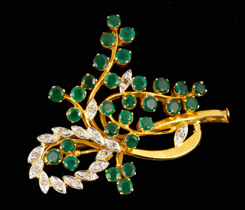 Appraisal: - K Gold Diamond and Emerald Brooch K yellow gold