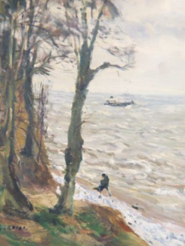 Appraisal: Gaston Sebire Oil figure walking along the coastline boat in