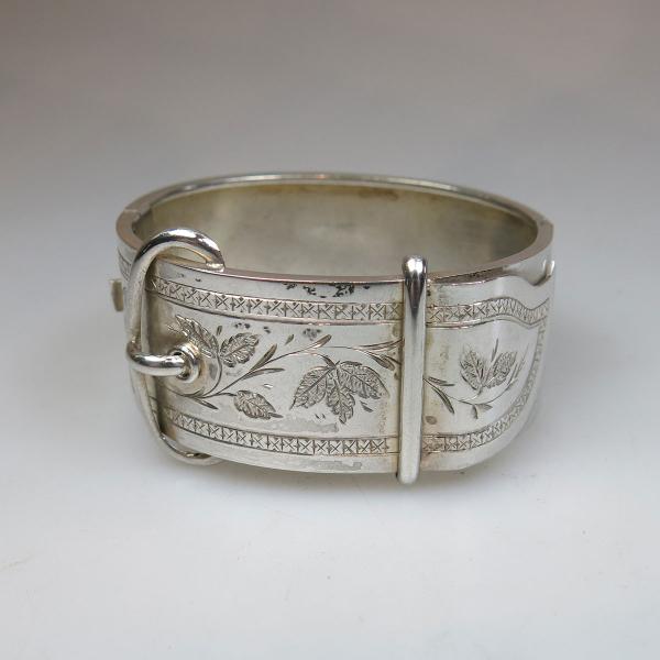 Appraisal: Sterling Silver Hinged Bracelet engraved with leaf motifs and buckle