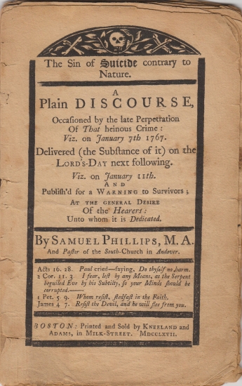 Appraisal: EARLY AMERICAN IMPRINT Phillips Samuel The Sin of Suicide Contrary