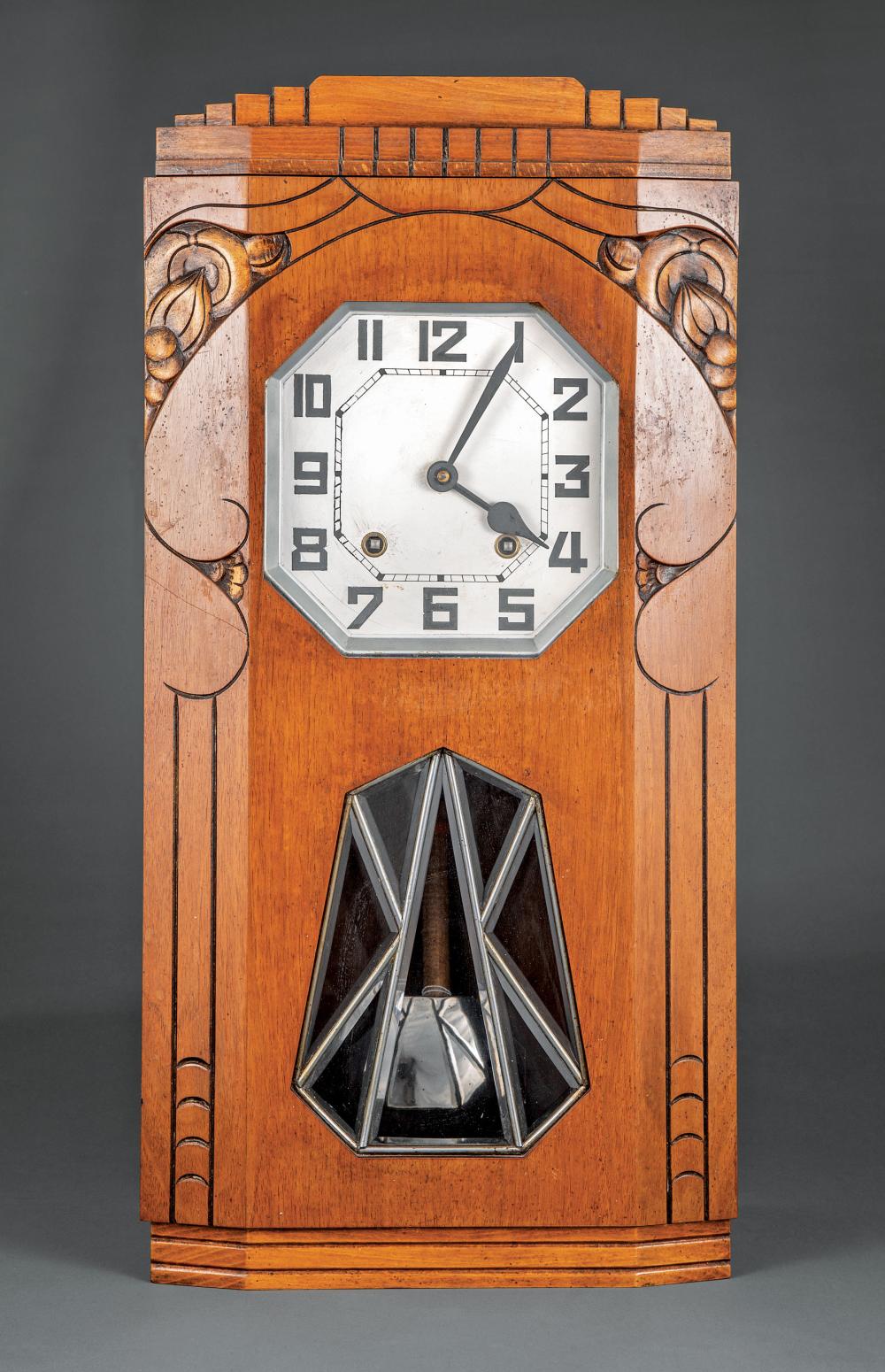 Appraisal: Austrian Art Deco Walnut Clock early th c incised case