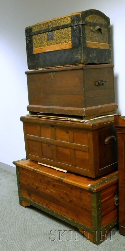 Appraisal: Four Assorted Storage Boxes a tin-clad dome-top trunk a pine