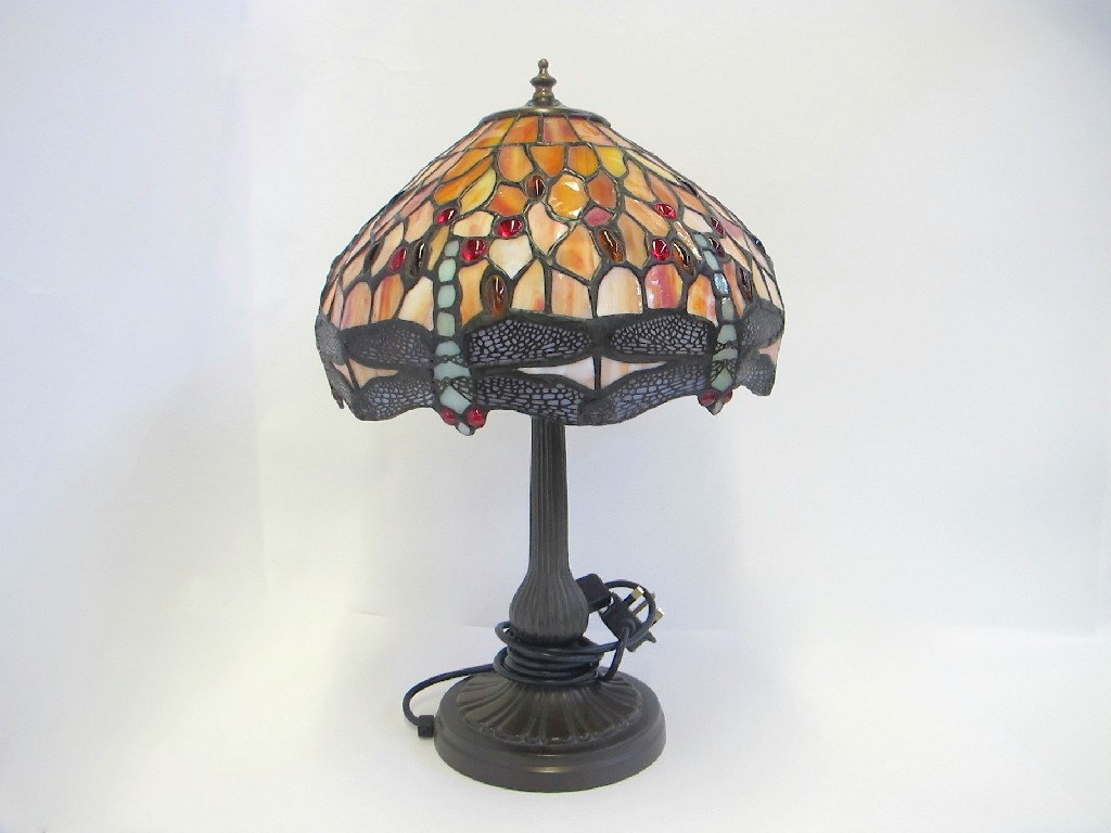 Appraisal: Tiffany style leaded and stained glass dragonfly table lamp