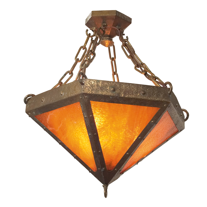 Appraisal: Arts and Crafts hanging fixture six-sided hammered brass with amber