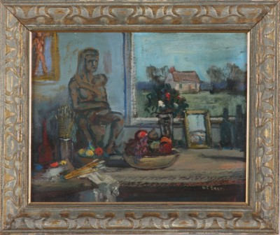 Appraisal: Tabletop still life with sculpture oil on board x SLR