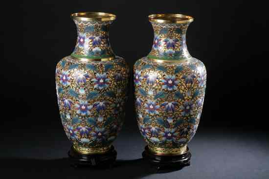 Appraisal: PAIR CHINESE CLOISONN ENAMEL VASES Floral decoration on gilt ground