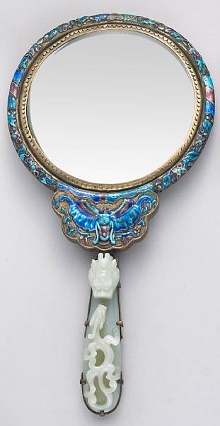 Appraisal: An enameled metal mirror with jade-mounted handle Republican Period The