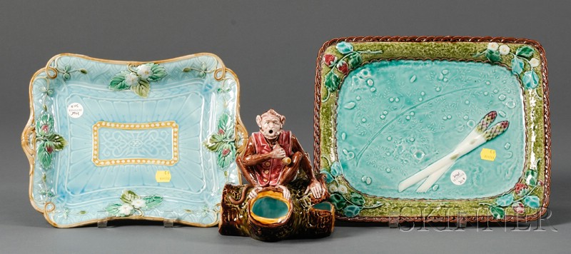 Appraisal: Three Continental Majolica Items th century a rectangular Sarreguemines strawberry