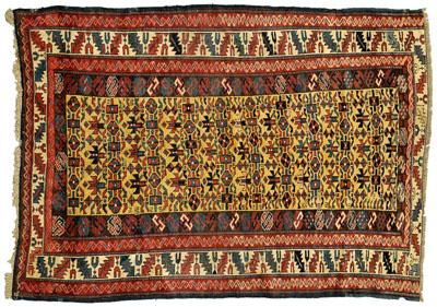 Appraisal: Kuba rug repeating rows of geometric elements on pale amber