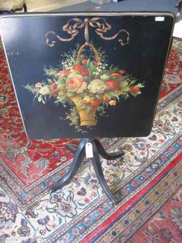 Appraisal: Tilt Top Table square top black with basketof flower decor