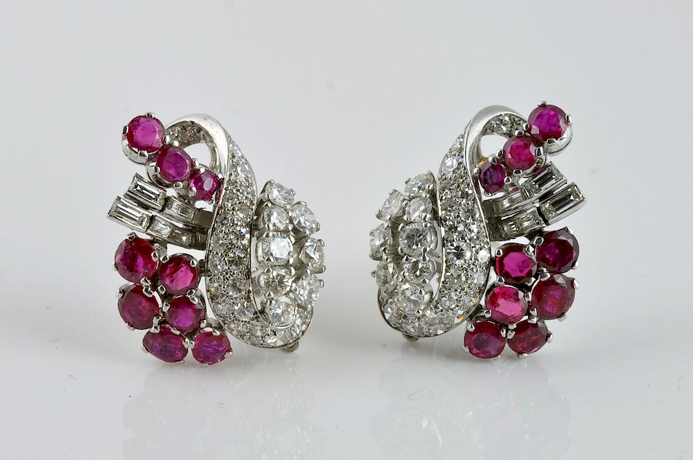 Appraisal: Klafter Platinum Diamond Ruby Pierced Earrings Karen Klafter signed platinum