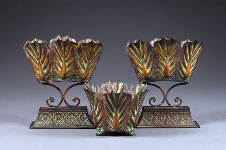 Appraisal: Good Three-Piece French Provincial Cut Wrought Patinated and Verdigris-Detailed Copper