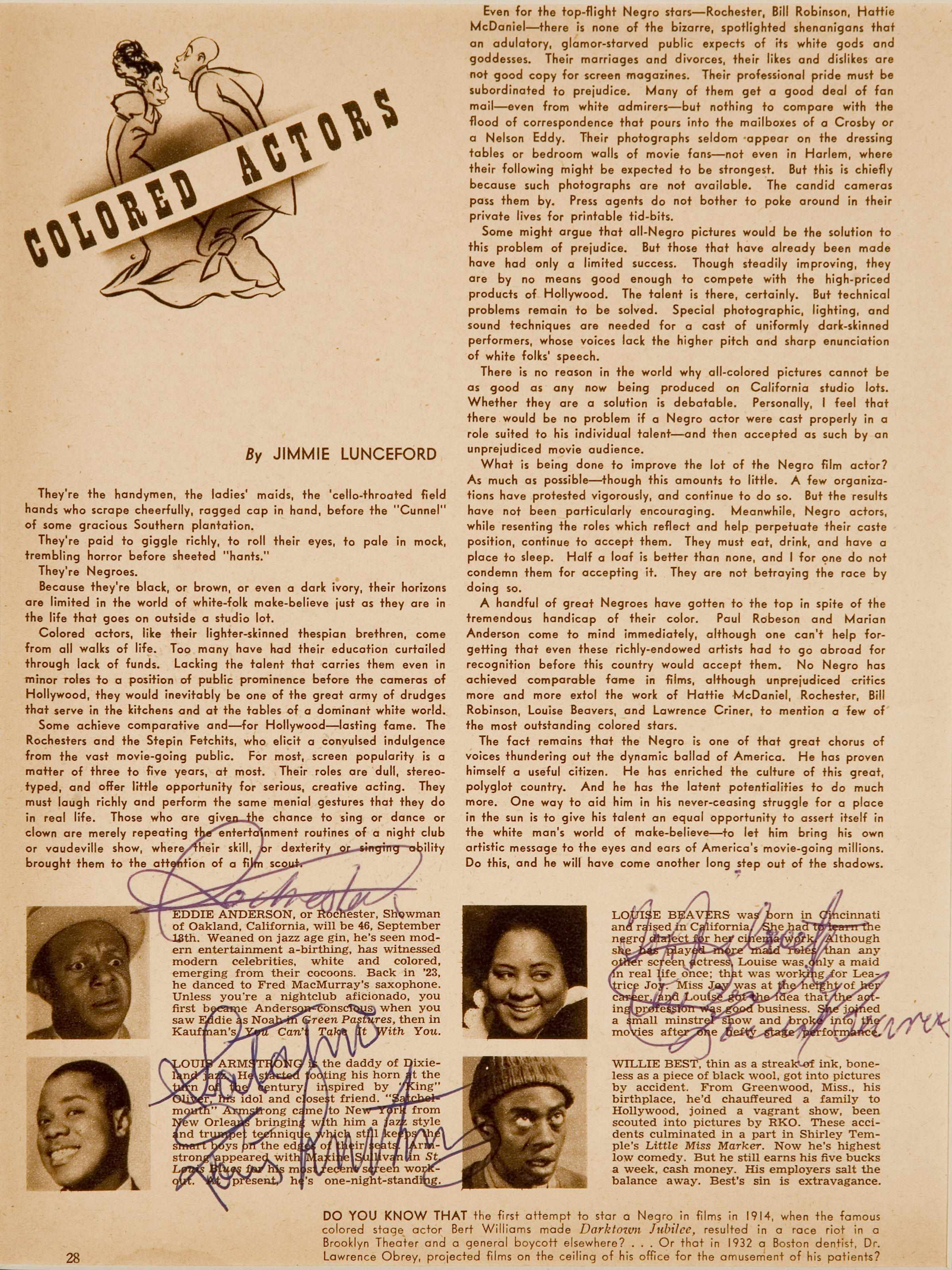 Appraisal: Article Signed by Louis Armstrong Eddie Anderson and Louise Beavers