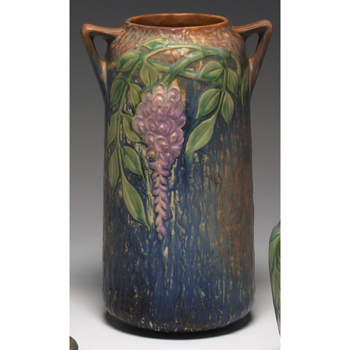 Appraisal: Exceptional Roseville Wisteria vase large double handled shape in blue