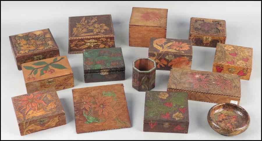 Appraisal: COLLECTION OF PYROGRAPHY BOXES Many in a floral or poinsettia