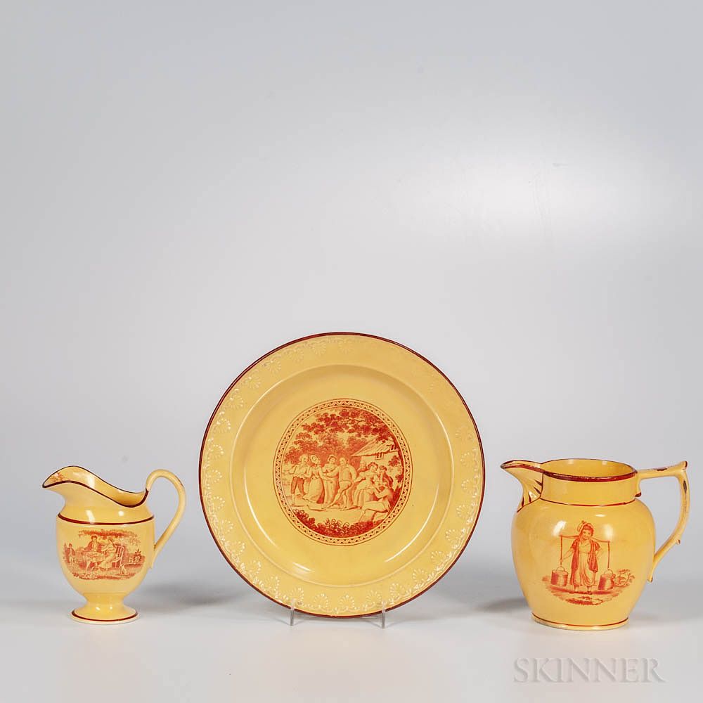 Appraisal: Three Yellow-glazed Staffordshire Red Transfer-printed Items Three Yellow-glazed Staffordshire Red