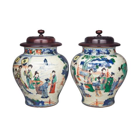 Appraisal: Pair of Large Wucai Figural Jars Each thickly potted with