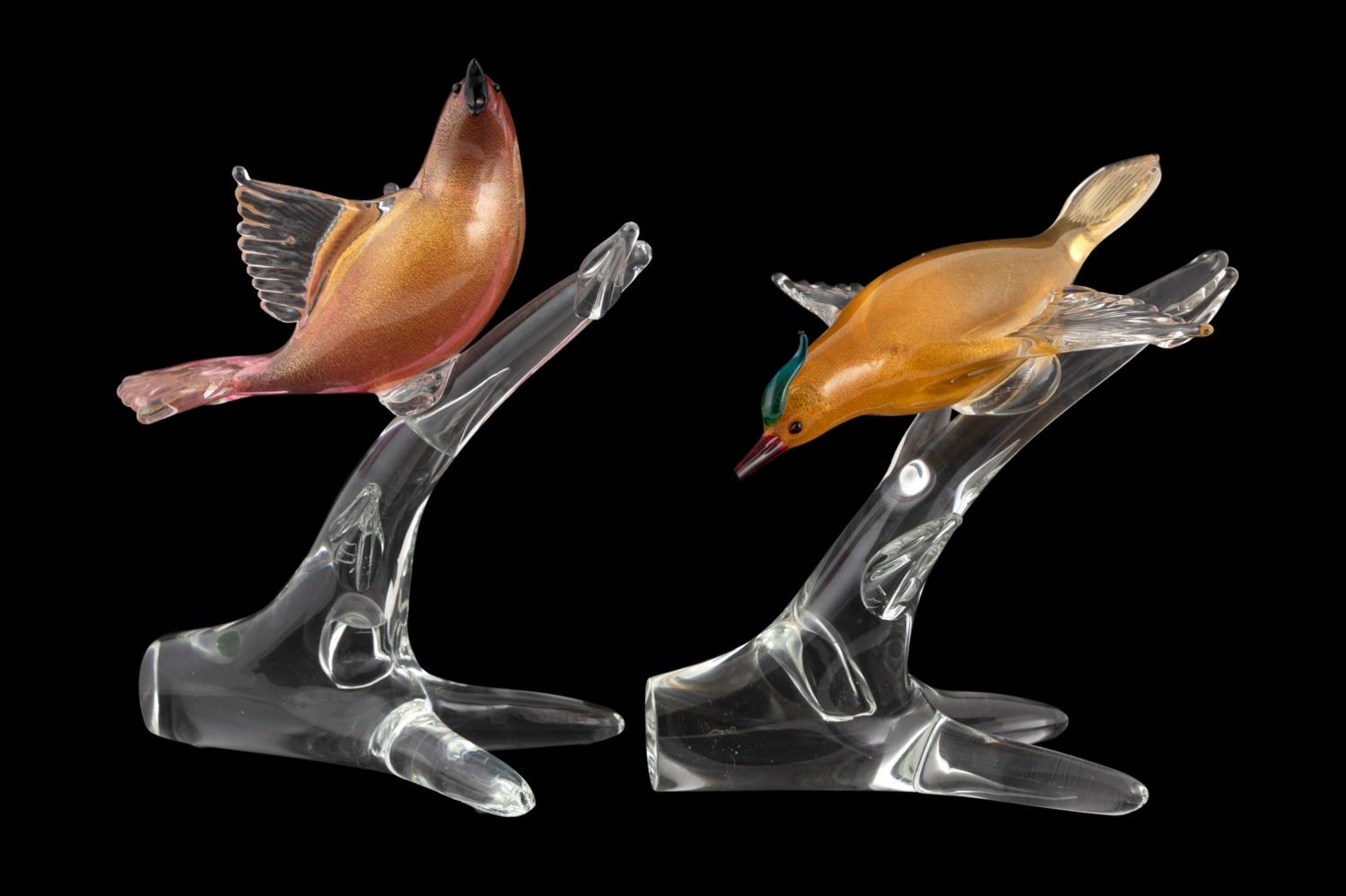 Appraisal: TWO MURANO GLASS BIRD ON BRANCH FIGURES Two Murano glass