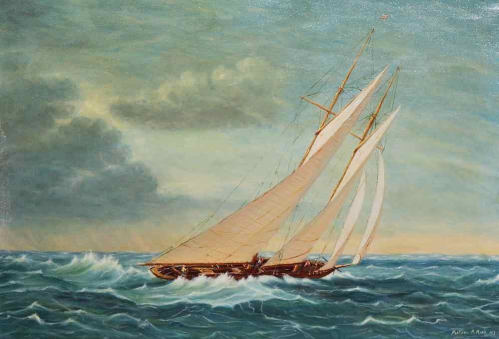 Appraisal: MATHEW M MACK CARGO SCHOONER UNDER FULL SAIL Oil on