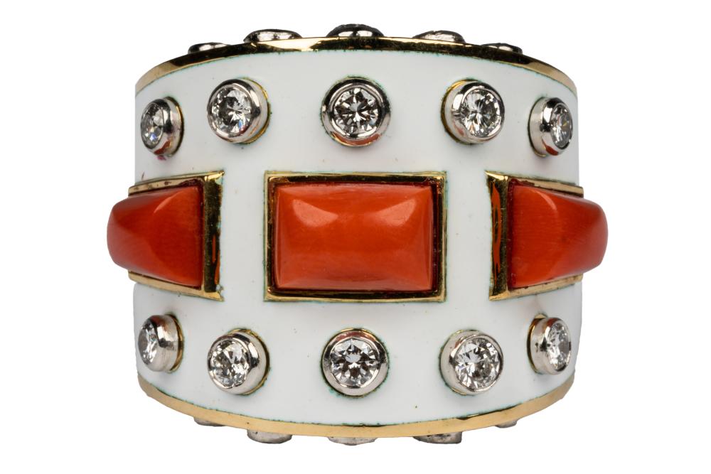 Appraisal: DAVID WEBB KARAT YELLOW GOLD PLATINUM DIAMOND CORAL ENAMEL 'BASTILLE'