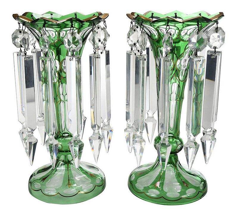 Appraisal: Pair of Green Bohemian Glass Lusters th century pair pedestal