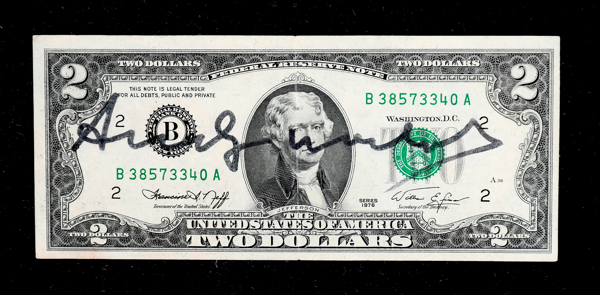 Appraisal: ANDY WARHOL SIGNED AUTHENTIC DOLLAR BILL Mounted under glass in