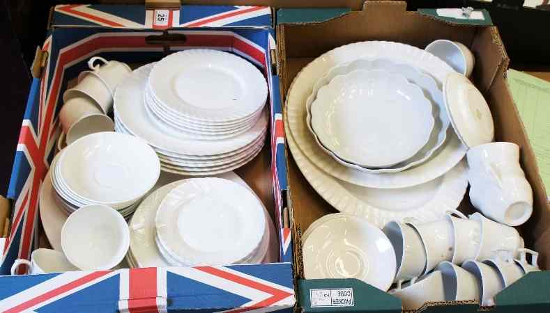 Appraisal: Two Large Trays of White Wares including Serving Items Cups