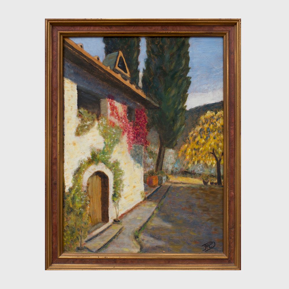 Appraisal: th Century School Village Street Oil on masonite indistinctly signed