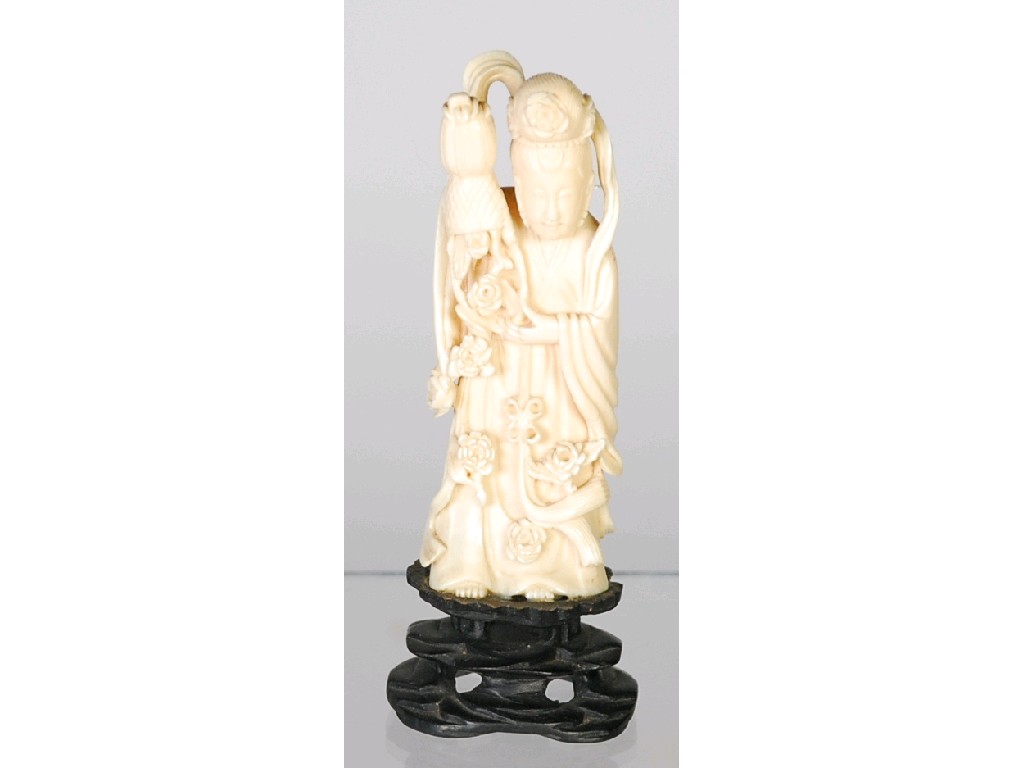 Appraisal: ORIENTAL CARVED ONE PIECE IVORY FIGURE OF GWAN YIN holding