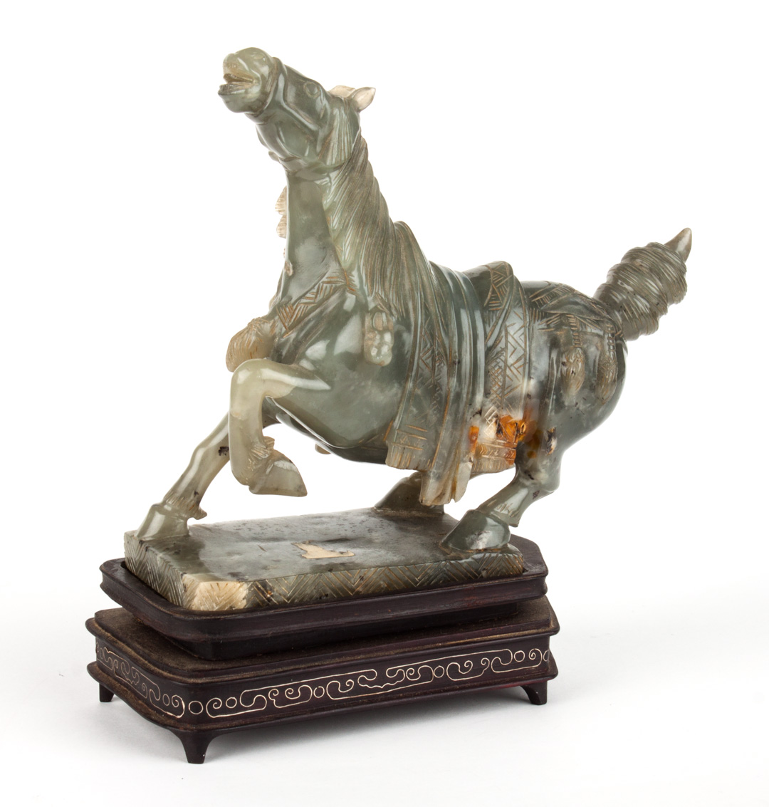 Appraisal: Chinese carved jade horse with wood stand in H