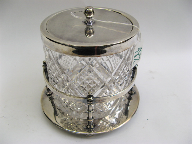 Appraisal: SCOTTISH CUT GLASS SILVER PLATE BISCUIT BARREL the diamond pattern