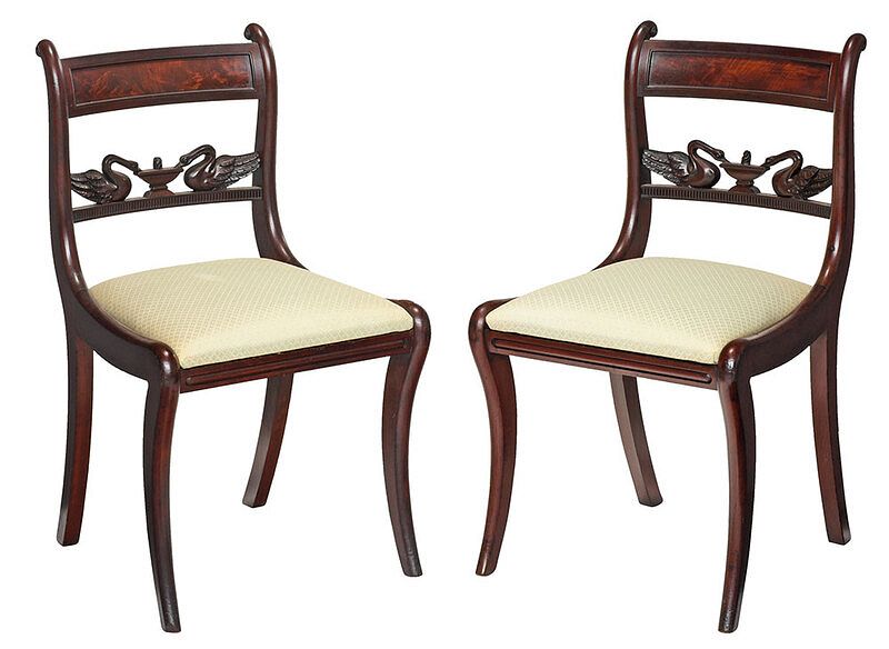 Appraisal: Rare Pair Classical Swan Carved Side Chairs signed Brower New