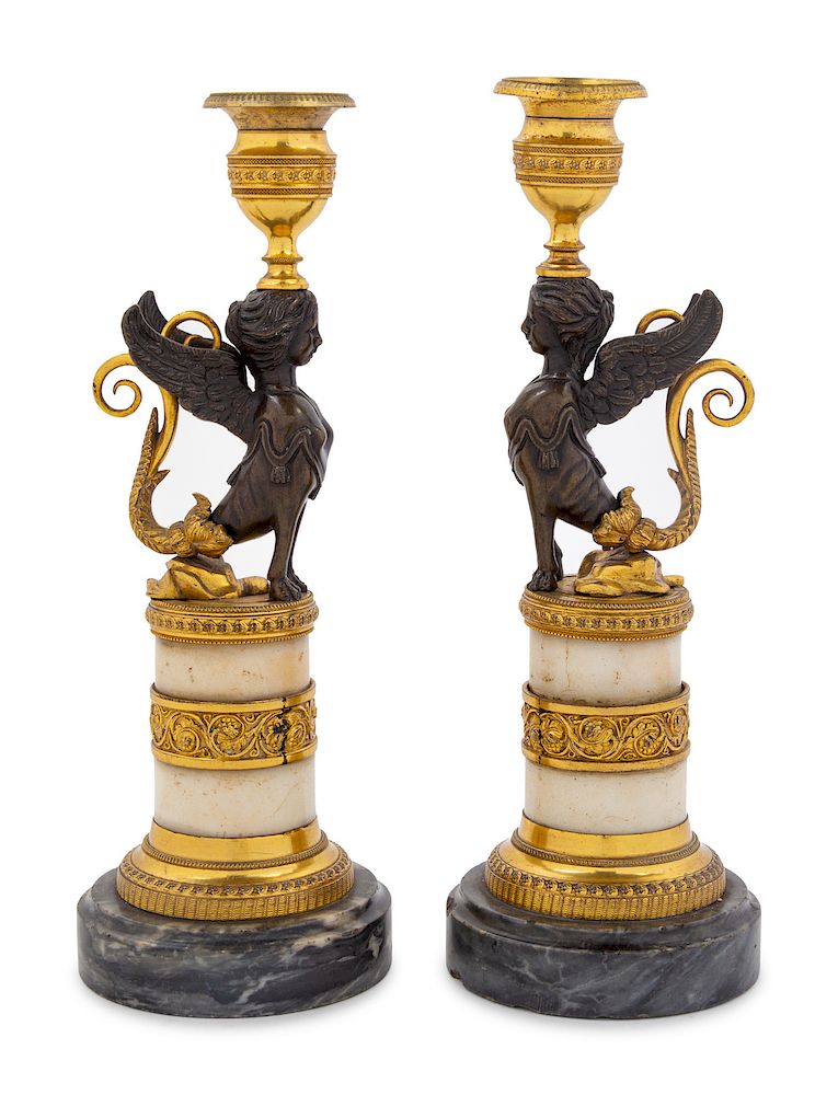 Appraisal: A Pair of Empire Style Gilt Bronze Mounted Marble Candlesticks