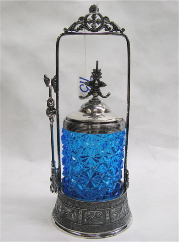 Appraisal: VICTORIAN SILVER PLATE PICKLE CASTOR blue glass jar in daisy