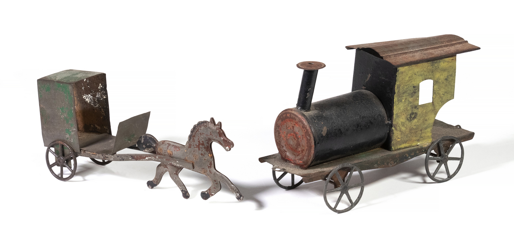 Appraisal: EARLY PAINTED TIN TOYS Including Locomotive with front loop for