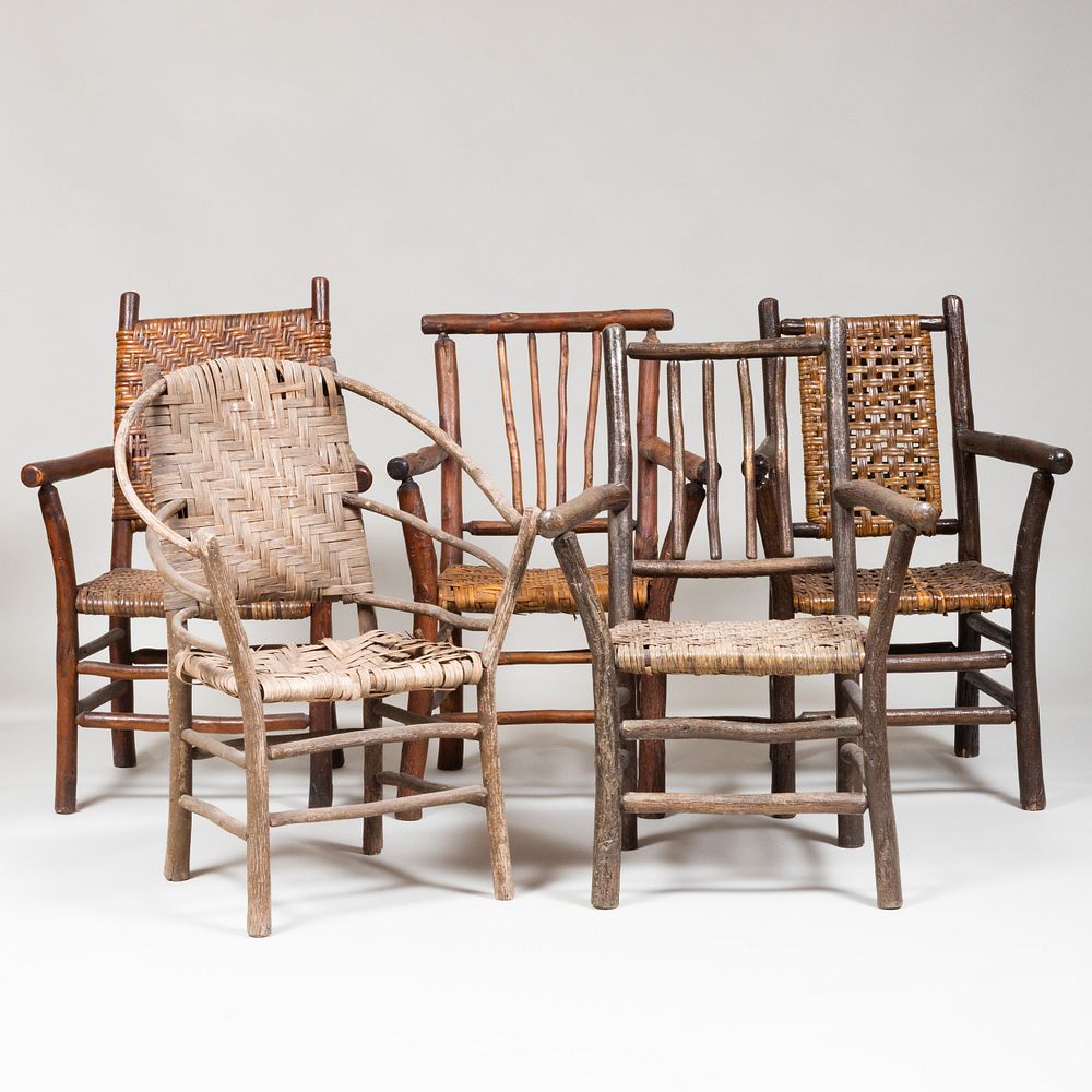 Appraisal: Group of Five Rustic Armchairs The largest x x in