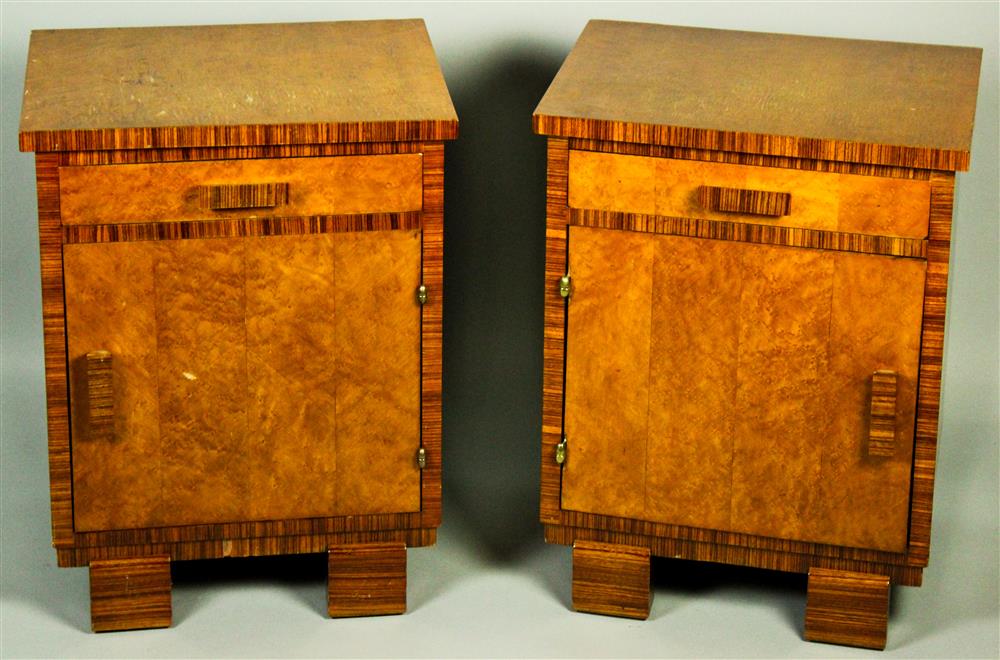 Appraisal: PAIR OF ART DECO BIRDSEYE MAPLE BEDSIDE TABLES each having