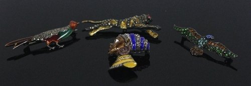 Appraisal: Four enamel and marcasite brooches including tiger pheasant etc