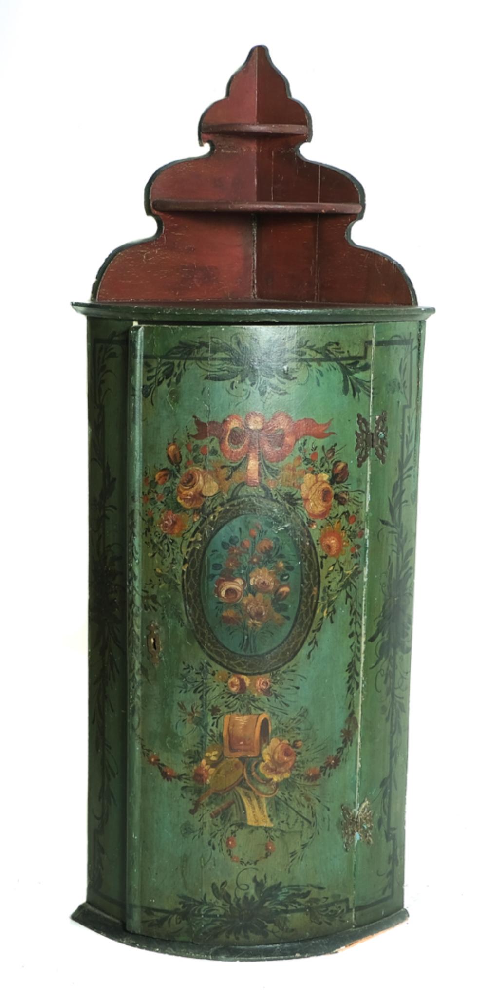 Appraisal: POLYCHROME DECORATED CORNER CABINETPolychrome decorated bowfront corner cabinet with two