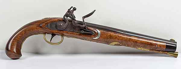 Appraisal: Contemporary English-Style Flintlock Pistol cal octagon-to-round barrel Iron lock plate