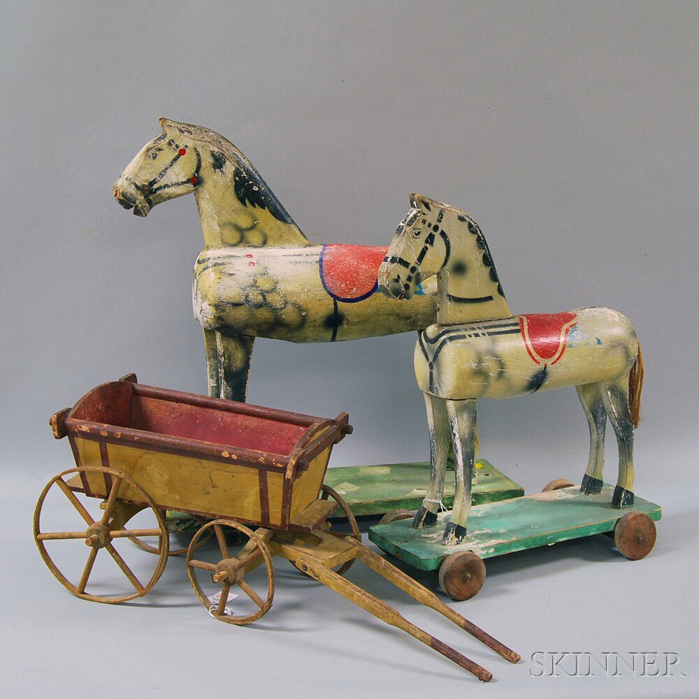 Appraisal: Two Painted Wooden Pull-toy Horses and a Wagon the horses