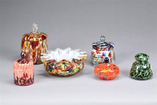 Appraisal: SIX PIECES OF GLASS Five spatter glass covered jars in