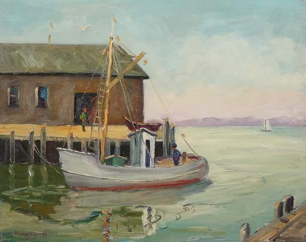 Appraisal: Gloucester boat by the dock scene oil on canvas board